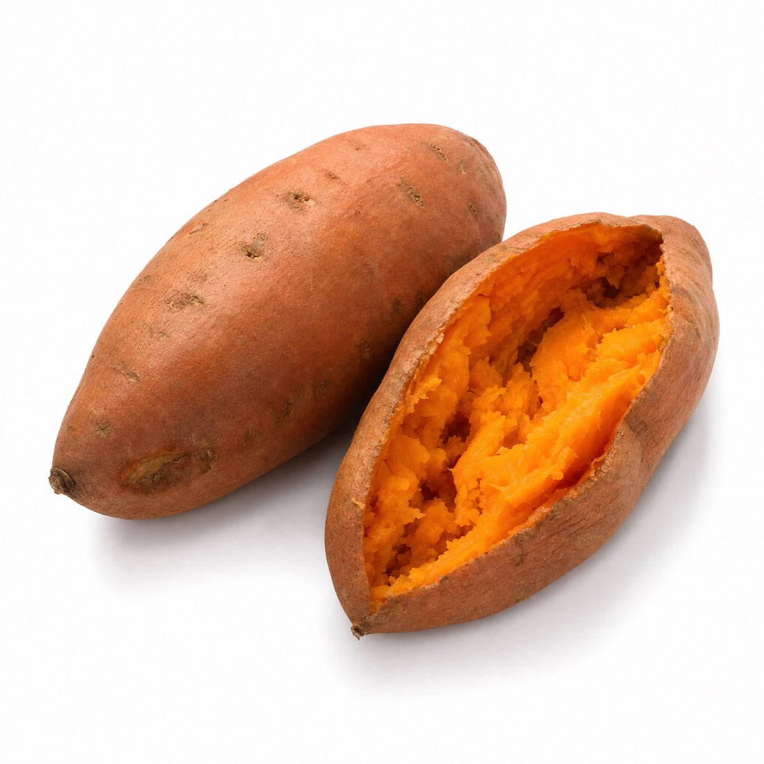 A baked sweet potato split open