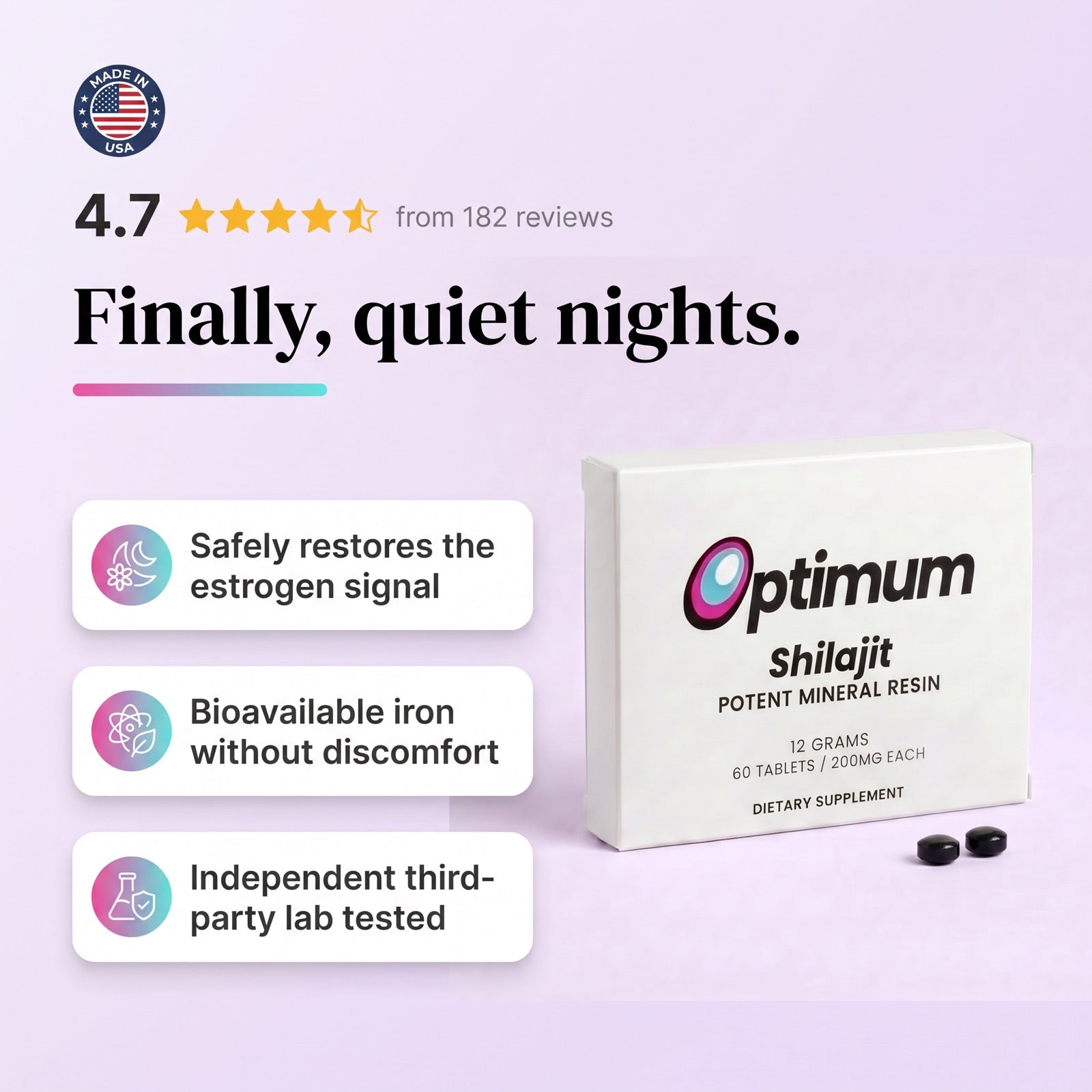 Optimum Shilajit Restless Leg Formula, two tablets a day, 74% fulvic acid from the Altai mountains, independent third party lab tested