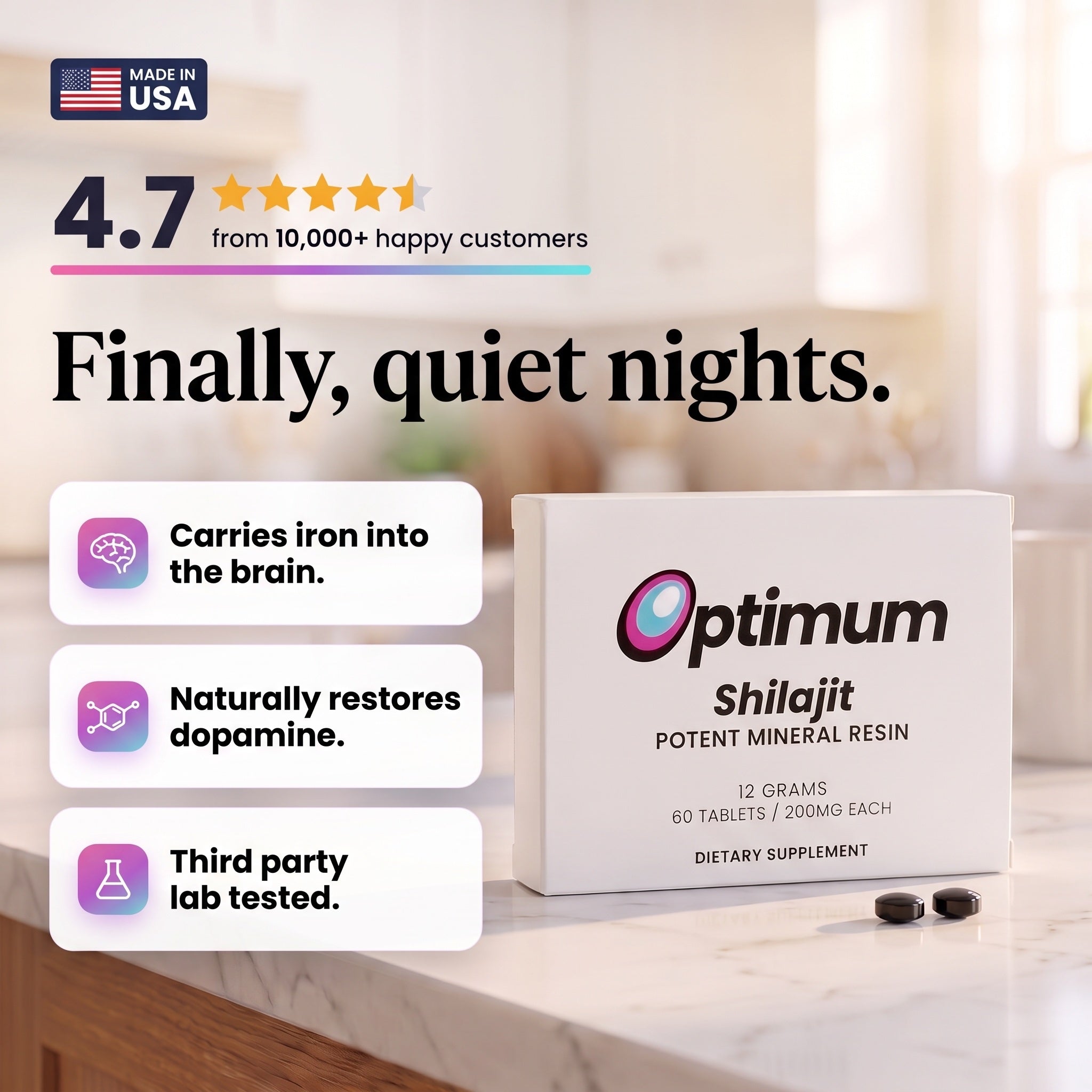 Optimum Shilajit Restless Leg Formula, 2 tablets a day, 74% fulvic acid from the Altai mountains, independent third party lab tested