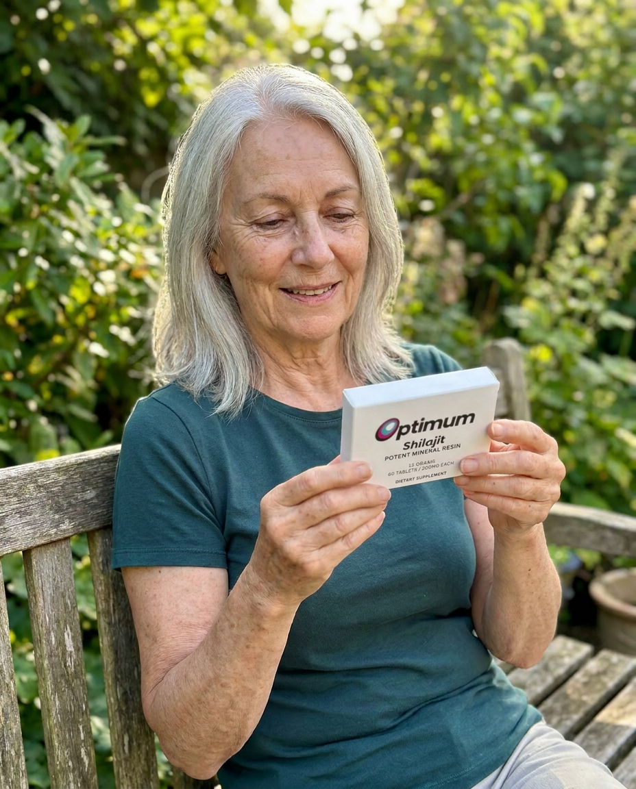 A woman in her late 60s holding the Optimum box